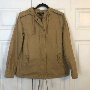 FOREVER 21 Small Khaki Tan Zip-Up Jacket Hood Drawstring Waist Shoulder Flaps